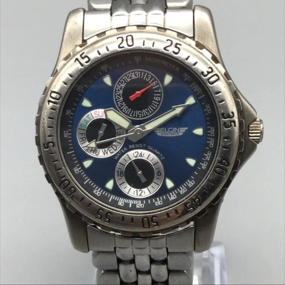 Elgin Sportsman FS39-040 Mens Watch 38mm Blue Dial SS Day Date New Battery 7